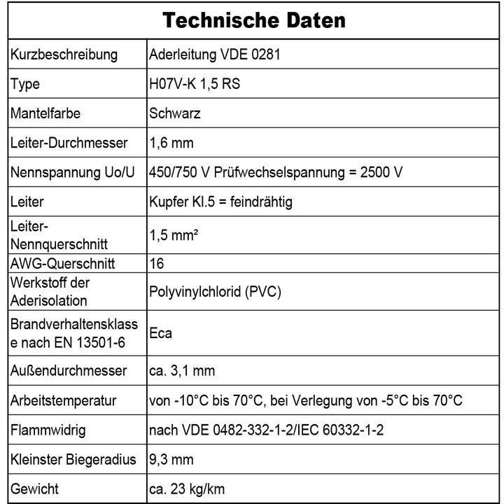 H07 V-K 1,5 mm² Aderleitung RS, RTWS oder DBLWS 5 bis 100 m