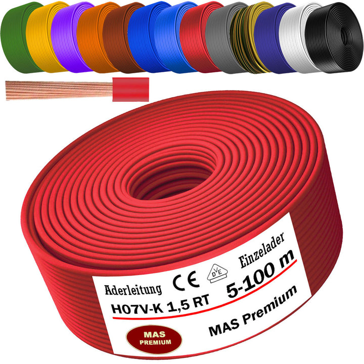 H07 V-K 1,5 mm² Aderleitung SW; HBL; GNGE; GN; RT; DBL oder BR 5 bis 100 m