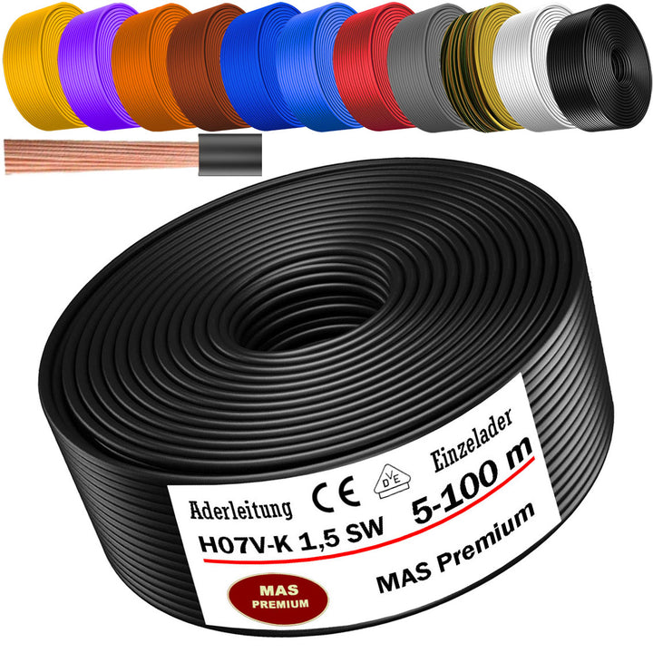 H07 V-K 1,5 mm² Aderleitung SW; HBL; GNGE; GN; RT; DBL oder BR 5 bis 100 m