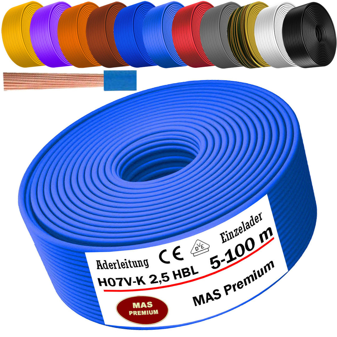 H07 V-K 2,5 mm² SW; HBL; GNGE; RT; DBL oder BR Aderleitung - 5 bis 100 m