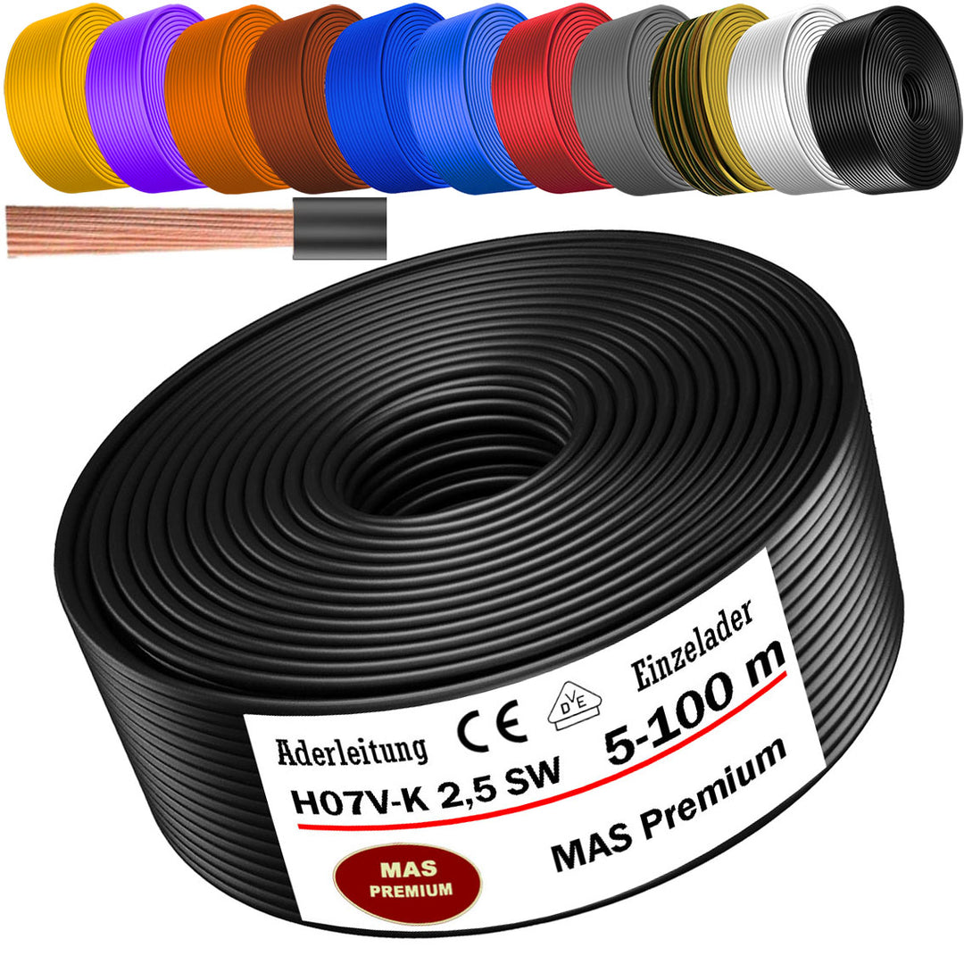 H07 V-K 2,5 mm² SW; HBL; GNGE; RT; DBL oder BR Aderleitung - 5 bis 100 m