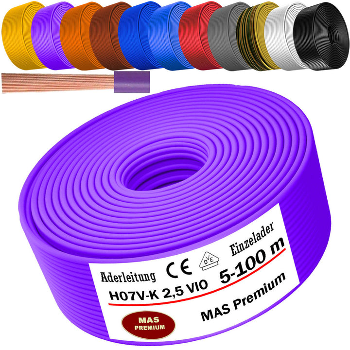 H07 V-K 2,5 mm² OR; GR; WS; VIO, GE oder GN Aderleitung - 5 bis 100 m