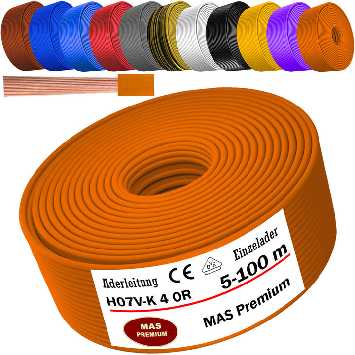 H07 V-K 4 mm² SW, HBL, GNGE, OR, VIO oder RT Aderleitung - 5 bis 100 m