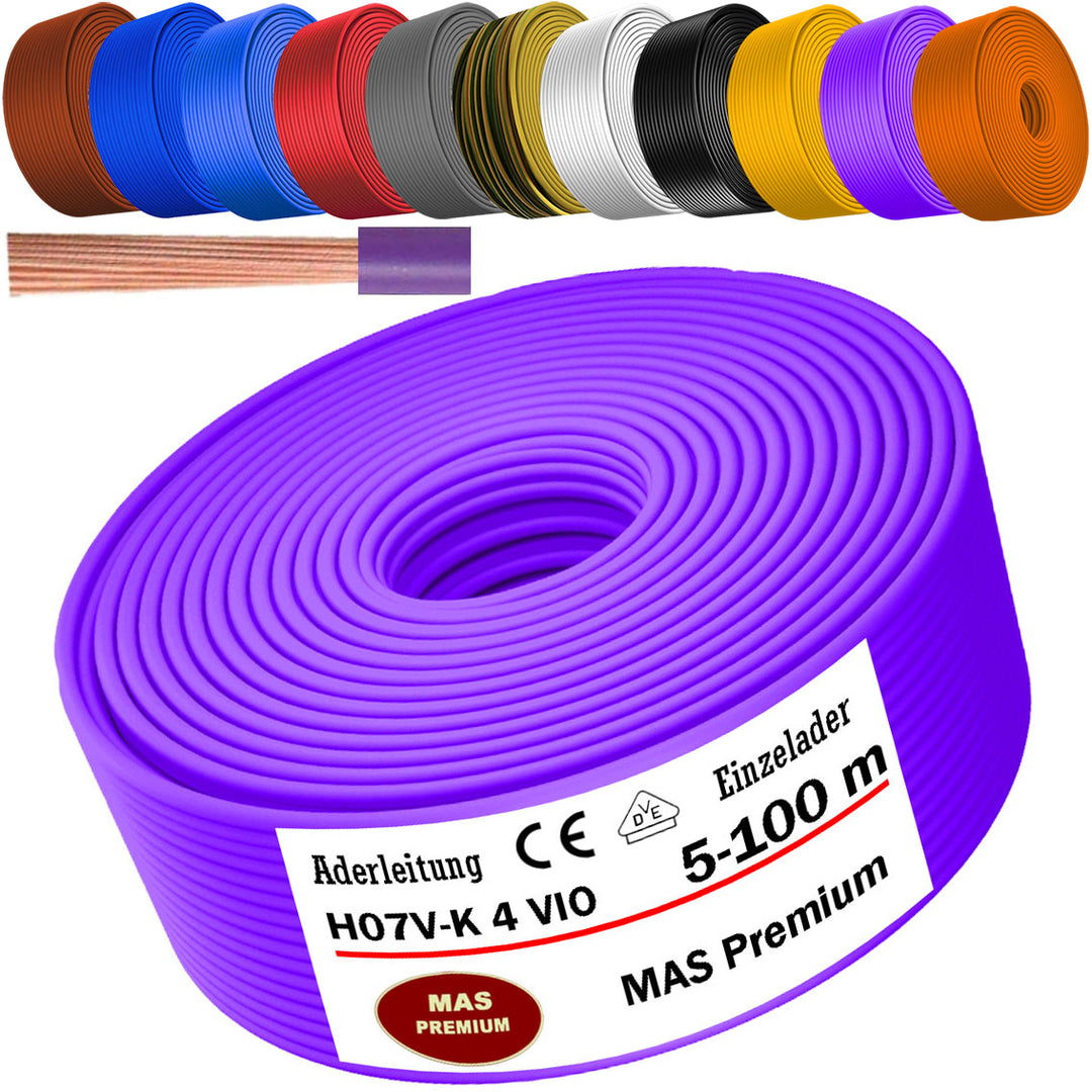 H07 V-K 4 mm² SW, HBL, GNGE, OR, VIO oder RT Aderleitung - 5 bis 100 m