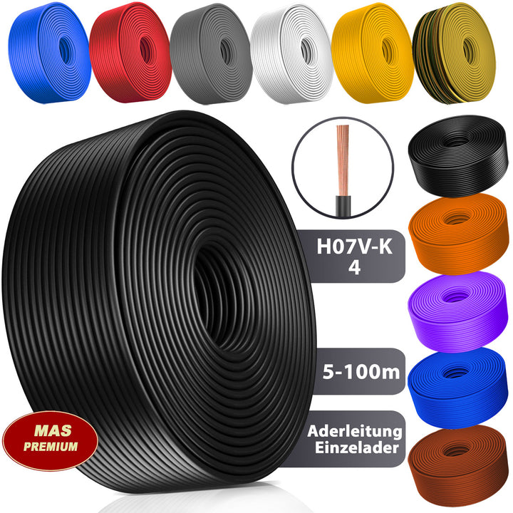 H07 V-K 4 mm² DBL, BR, WS, GE oder GR Aderleitung - 5 bis 100 m