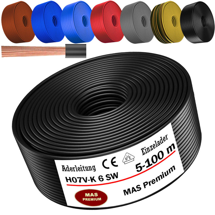 H07 V-K 6 mm² SW, BR, DBL oder GR Aderleitung - 5 bis 100 m