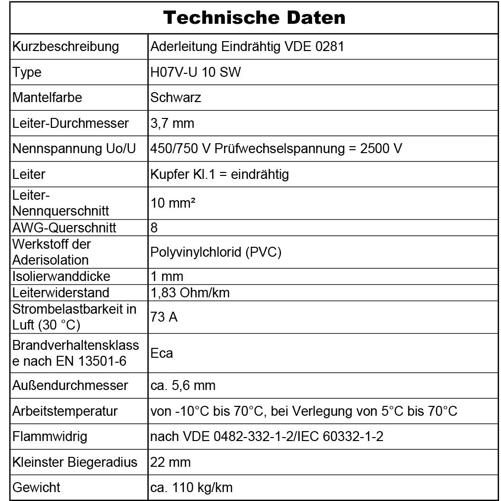 H07 V-U 10 mm² SW Aderleitung - 5 bis 100 m