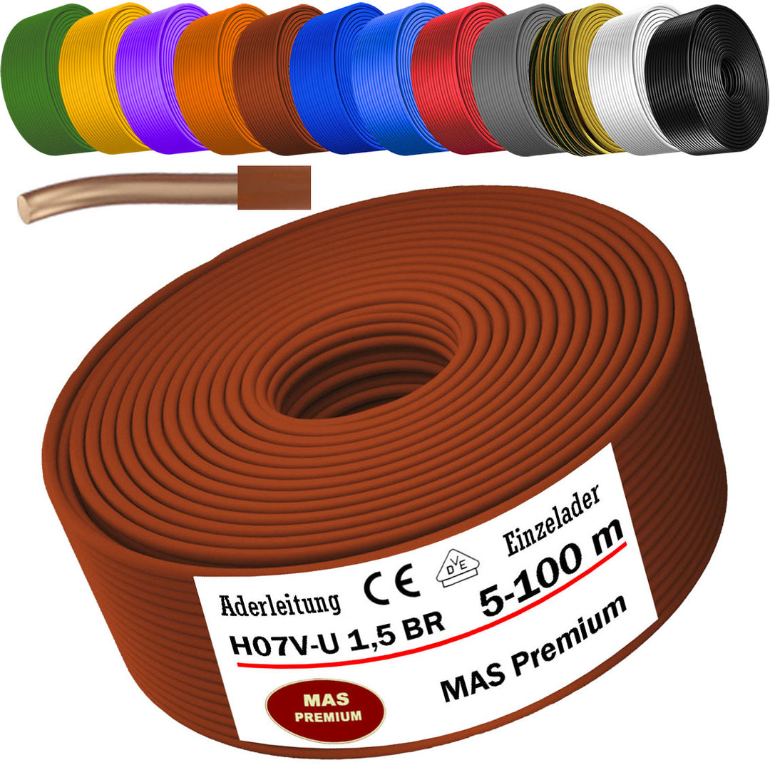 H07 V-U 1,5 mm² SW GNGE HBL BR GR GN GE VIO RT WS DBL oder OR Aderleitung Eindrähtig Einzelader starr - 5 bis 100 m