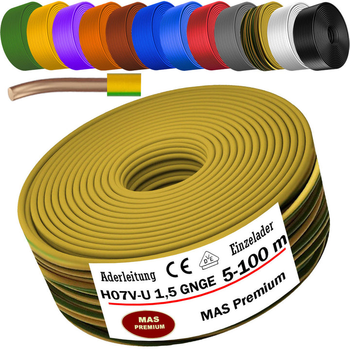 H07 V-U 1,5 mm² SW GNGE HBL BR GR GN GE VIO RT WS DBL oder OR Aderleitung Eindrähtig Einzelader starr - 5 bis 100 m