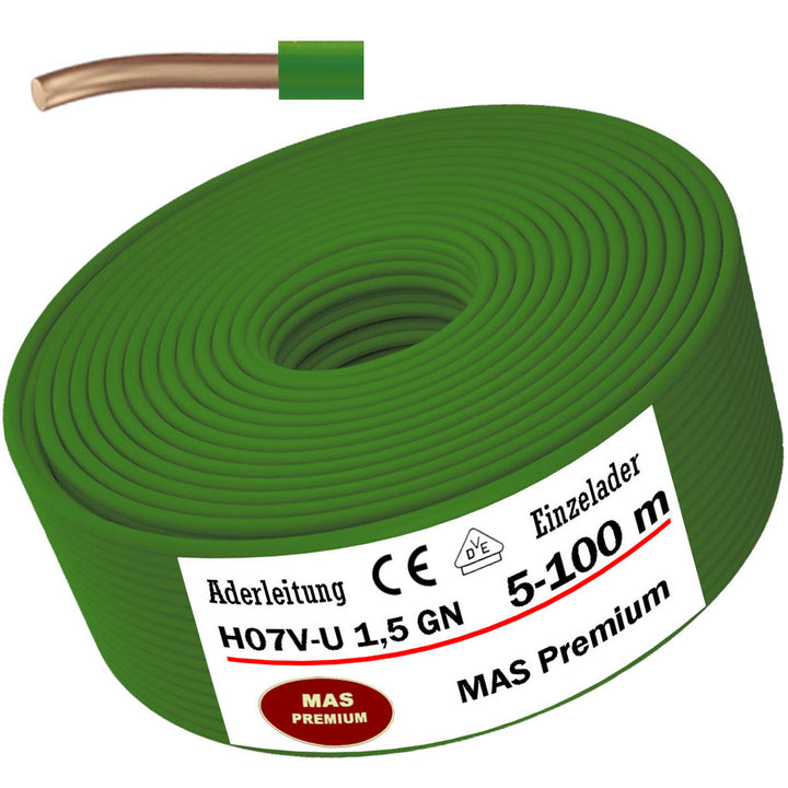 H07 V-U 1,5 mm² GN Aderleitung - 5 bis 100 m