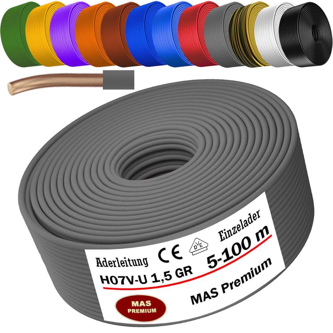 H07 V-U 1,5 mm² SW GNGE HBL BR GR GN GE VIO RT WS DBL oder OR Aderleitung Eindrähtig Einzelader starr - 5 bis 100 m
