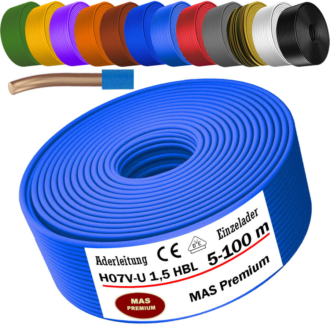 H07 V-U 1,5 mm² SW GNGE HBL BR GR GN GE VIO RT WS DBL oder OR Aderleitung Eindrähtig Einzelader starr - 5 bis 100 m