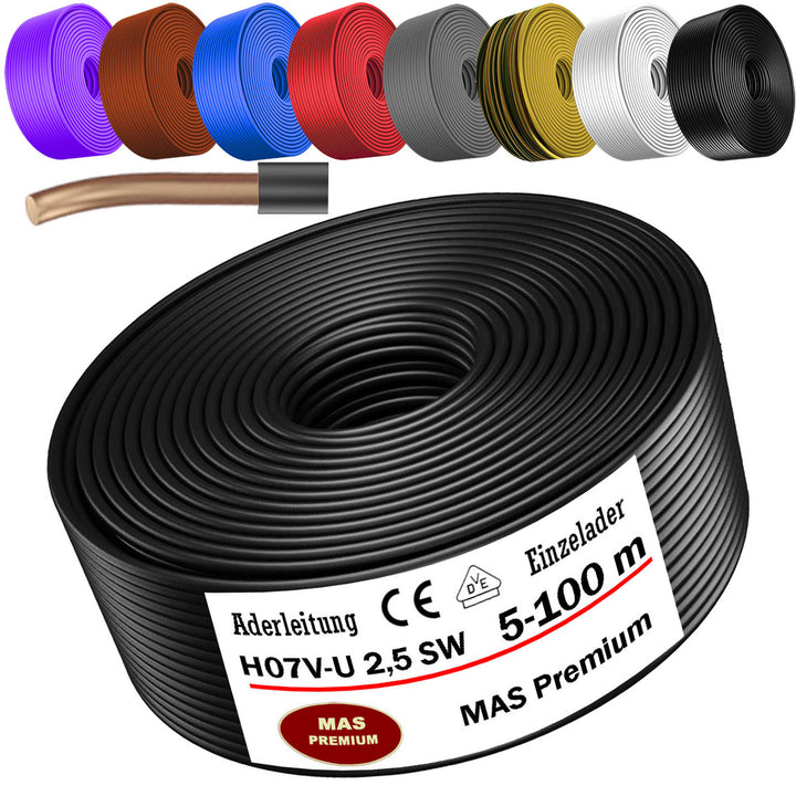 H07 V-U 2,5 mm² SW GNGE HBL BR VIO RT WS oder GR Aderleitung Eindrähtig Einzelader starr - 5 bis 100 m