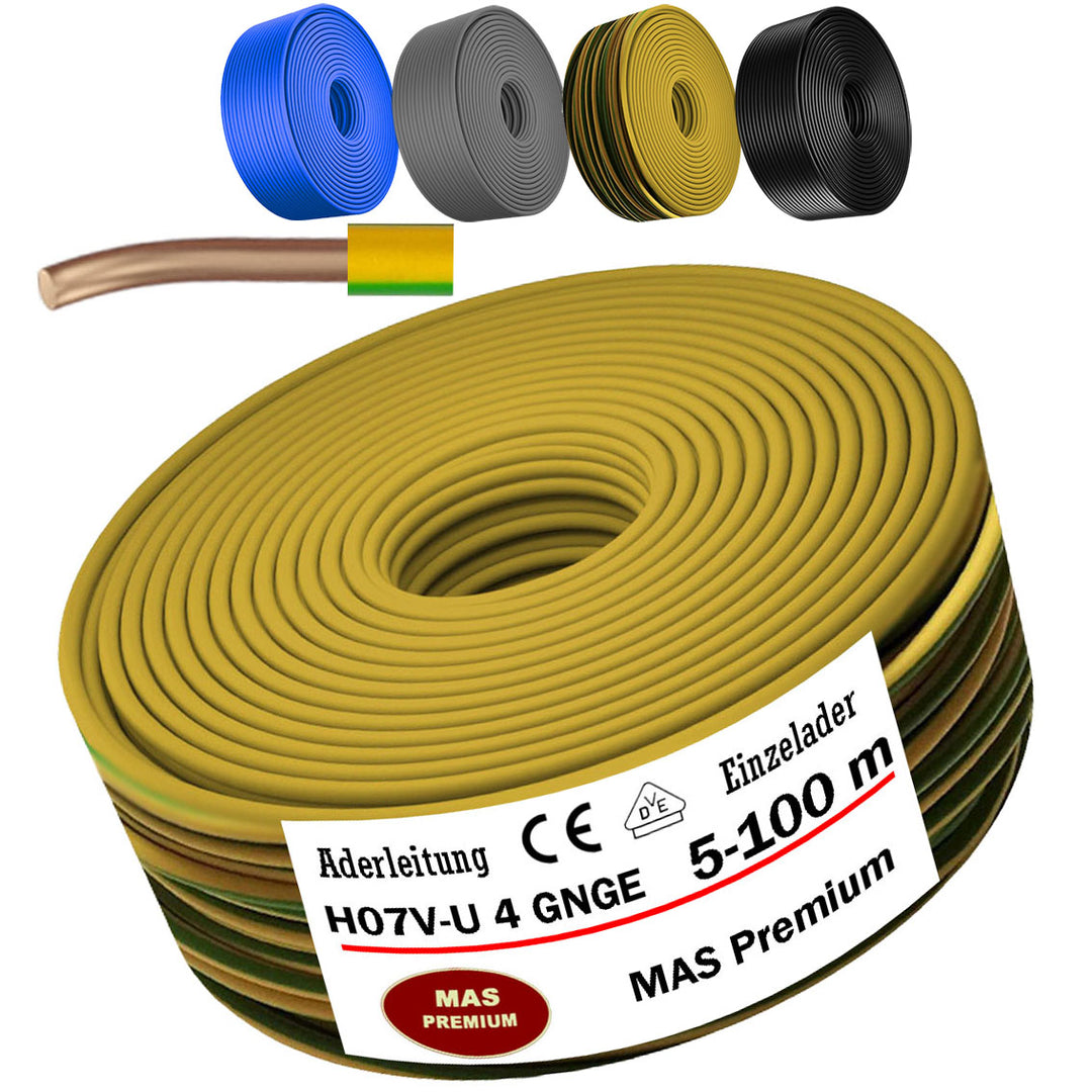 H07 V-U 4 mm² SW GNGE HBL oder GR Aderleitung Eindrähtig Einzelader starr - 5 bis 100 m