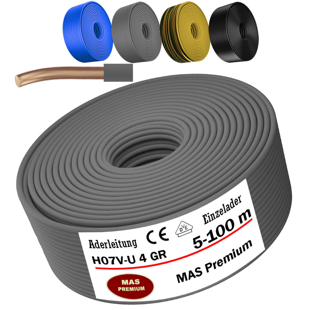 H07 V-U 4 mm² SW GNGE HBL oder GR Aderleitung Eindrähtig Einzelader starr - 5 bis 100 m