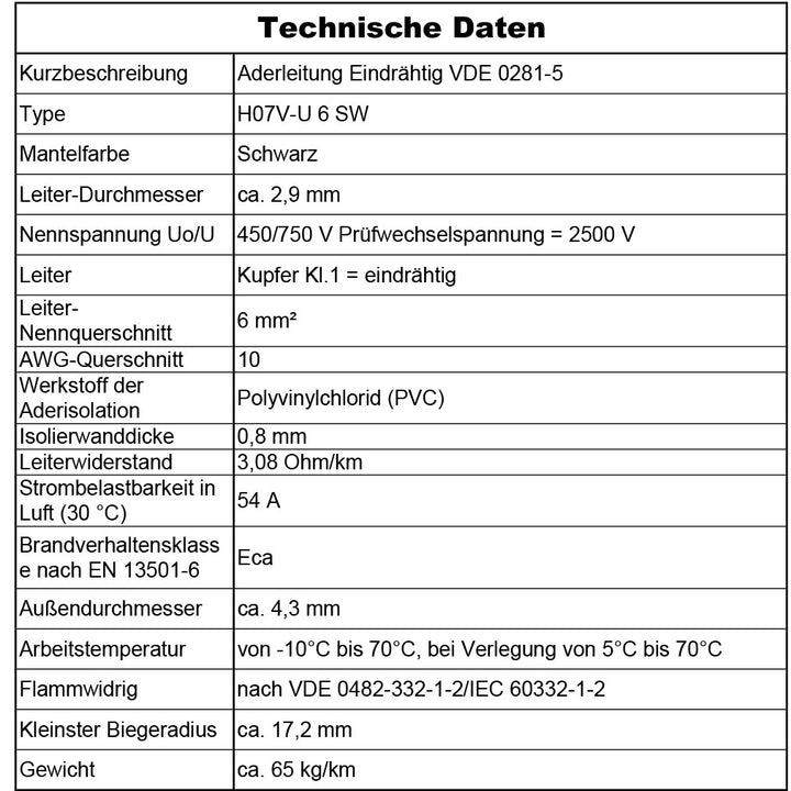 H07 V-U 6 mm² SW Aderleitung - 5 bis 100 m