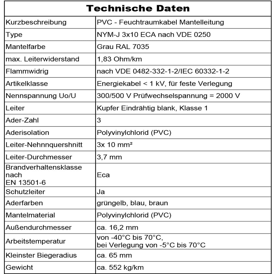 NYM-J 3x10 mm² Feuchtraumkabel Grau - 5 bis 50 m