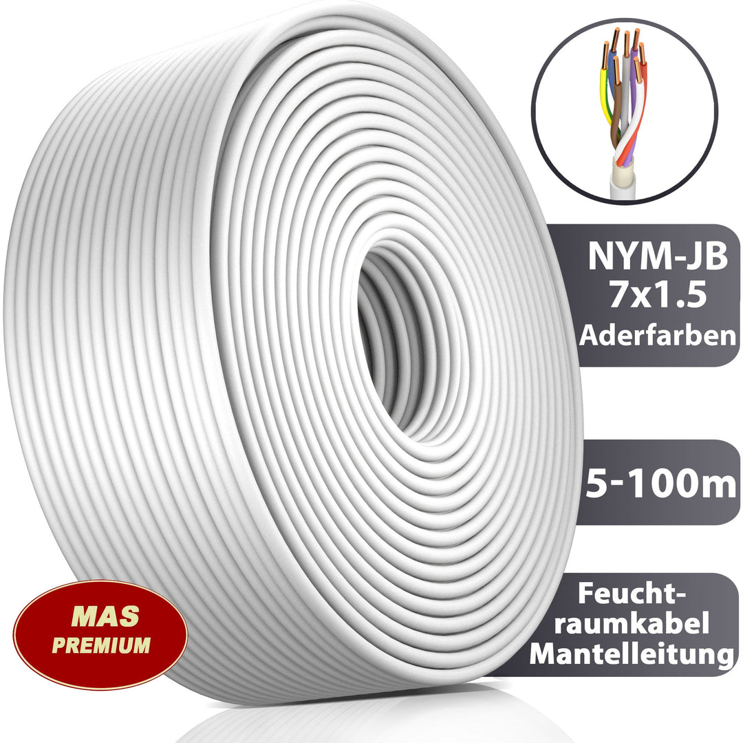 NYM-JB 7X1,5  mm² (Aderfarben) Feuchtraumkabel Mantelleitung Elektro Strom Kabel Grau - 5 bis 100 m