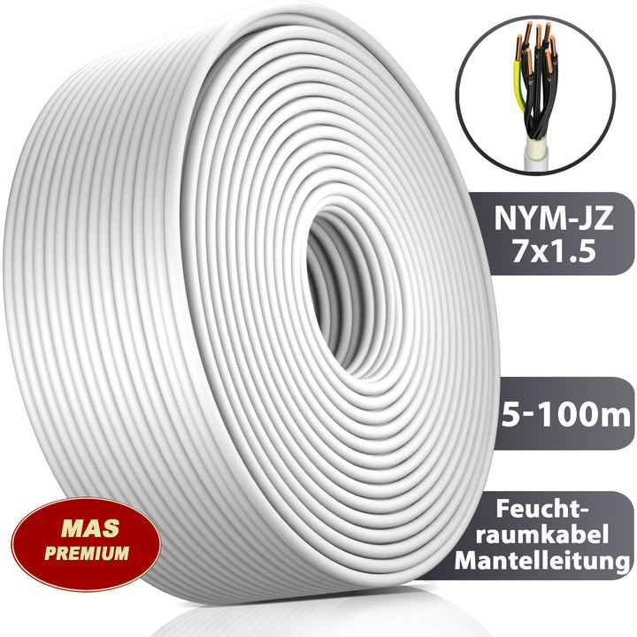 NYM-JZ 7x1,5 mm² Feuchtraumkabel Mantelleitung Elektro Strom Kabel Grau - 5 bis 100 m