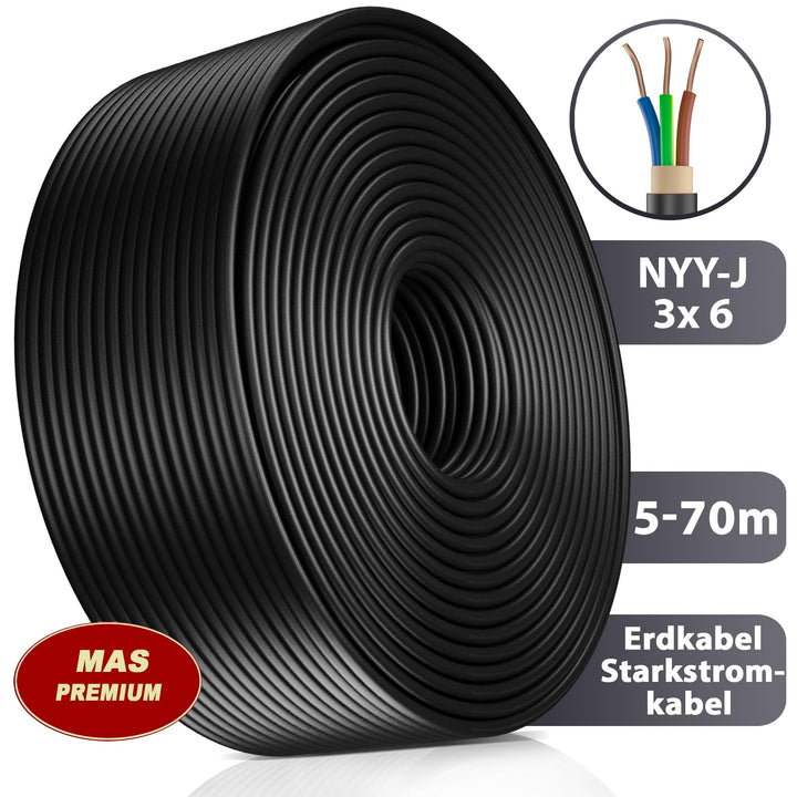 NYY-J 3x6 mm² Erdkabel - 5 bis 70 m in Schwarz