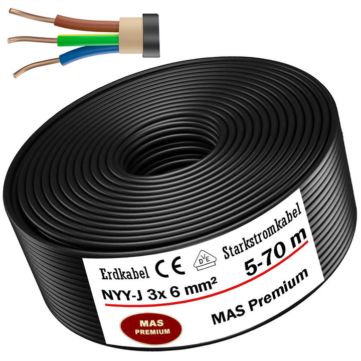 NYY-J 3x6 mm² Erdkabel - 5 bis 70 m in Schwarz