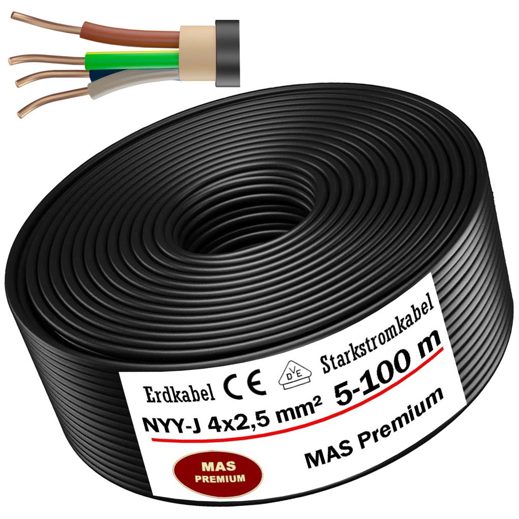 NYY-J 4x2,5 mm² Erdkabel - 5 bis 100 m in Schwarz