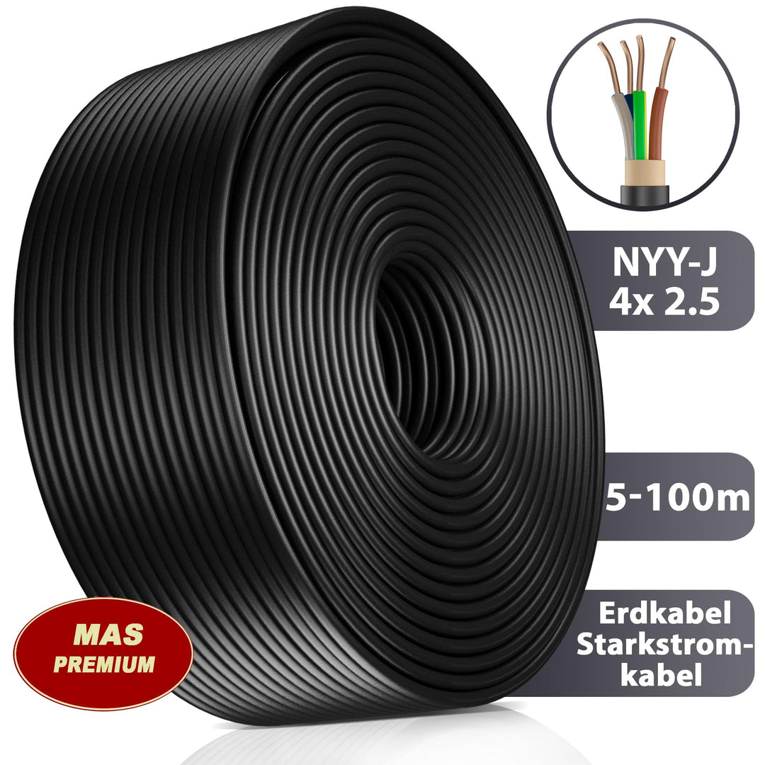 NYY-J 4x2,5 mm² Erdkabel - 5 bis 100 m in Schwarz