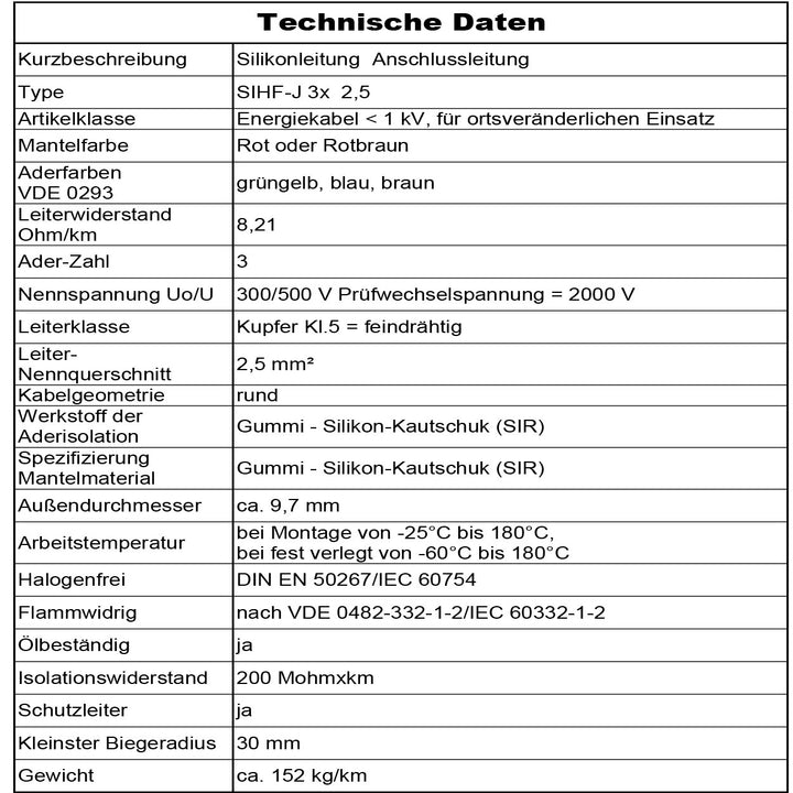 SIHF-J 3x 2,5 Silikonkabel Anschlussleitung Silikonleitung Saunakabel 5 bis 170m