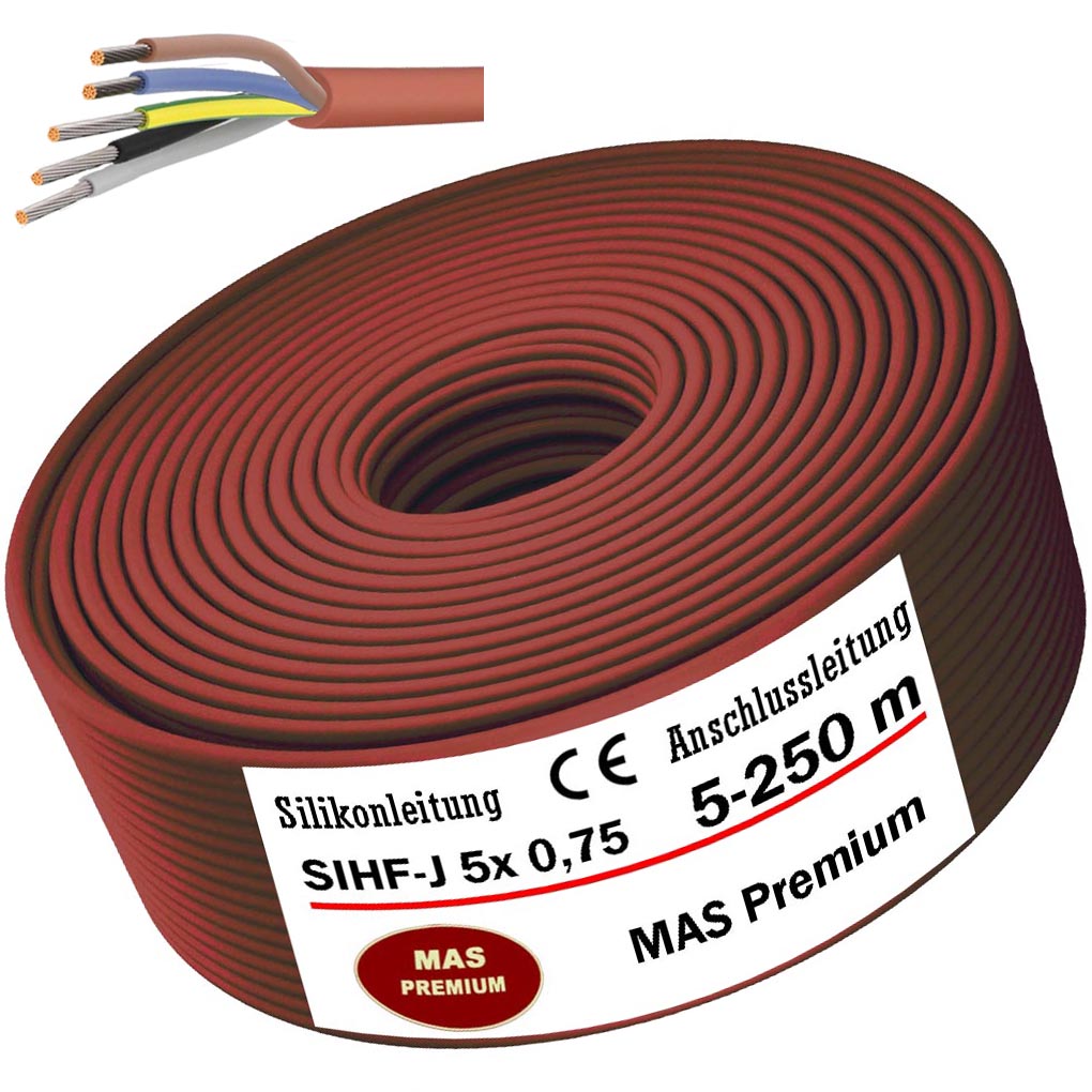 SIHF-J 5x 0,75 Silikonkabel Anschlussleitung Silikonleitung Saunakabel 5 bis 250m