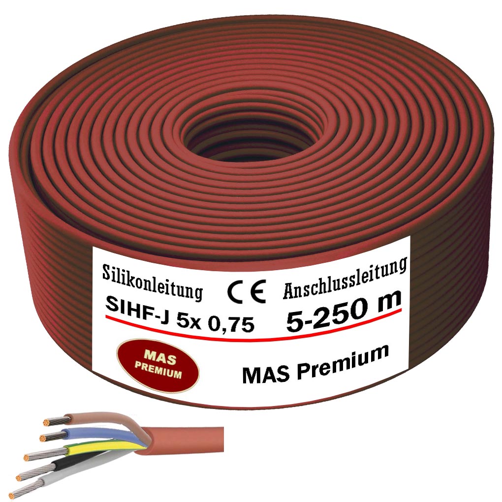 SIHF-J 5x 0,75 Silikonkabel Anschlussleitung Silikonleitung Saunakabel 5 bis 250m