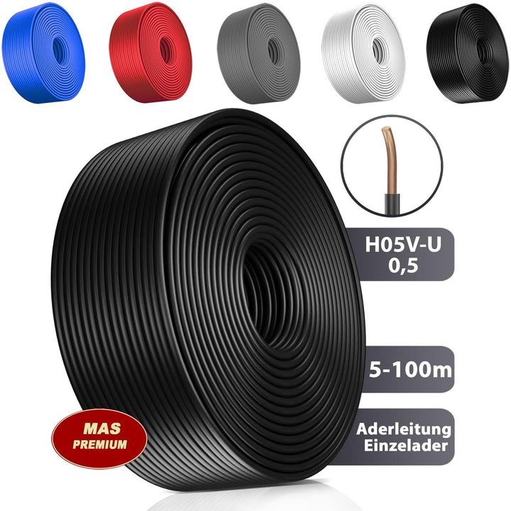 H05 V-U 0,5 mm² SW HBL GR RT oder WS Aderleitung Eindrähtig Einzelader starr - 5 bis 100 m