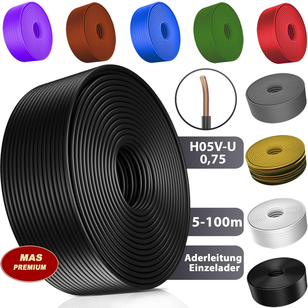 H05 V-U 0,75 mm² SW GNGE HBL BR GR GN VIO RT oder WS Aderleitung Eindrähtig Einzelader starr - 5 bis 100 m