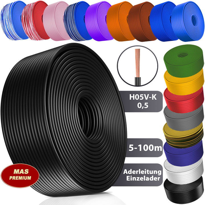 H05 V-K 0,5 mm² Aderleitung BL-WS BR DBL DBL-WS GNGE oder GR 5 bis 100 m