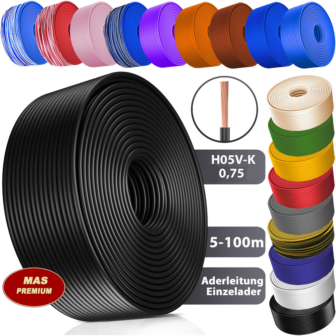 H05 V-K 0,75 mm² Aderleitung SW U-MAR.BL VIO WS GE GR oder TR 5 bis 100 m