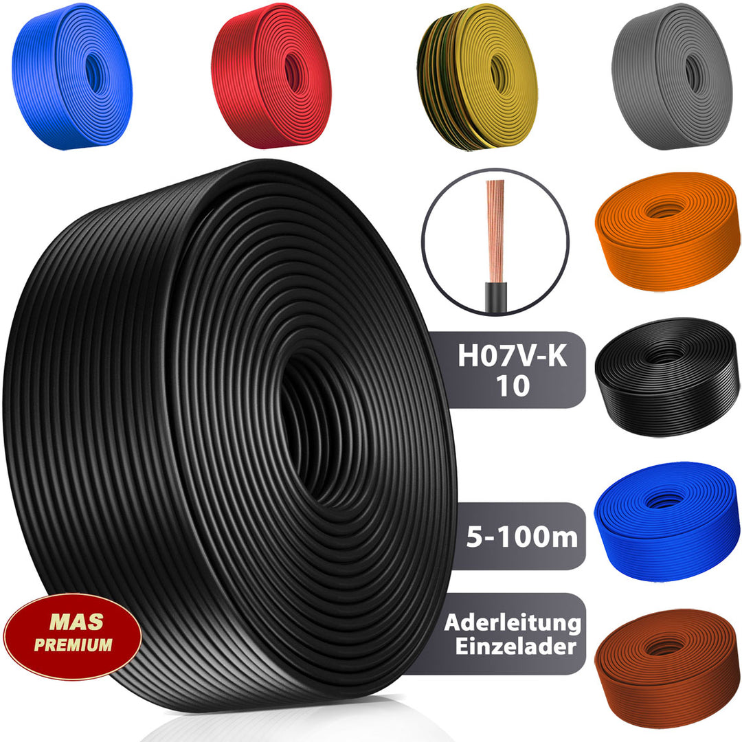H07 V-K 10 mm² HBL, GR, OR oder RT Aderleitung - 5 bis 100 m
