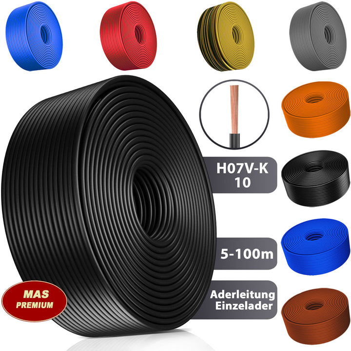 H07 V-K 10 mm² HBL, GR, OR oder RT Aderleitung - 5 bis 100 m