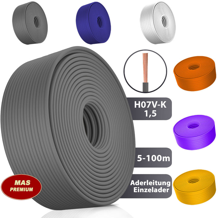 H07 V-K 1,5 mm² Aderleitung OR; GR; WS; VIO; U-MAR.BL oder GE 5 bis 100 m
