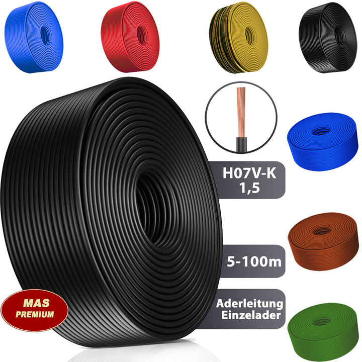 H07 V-K 1,5 mm² Aderleitung SW; HBL; GNGE; GN; RT; DBL oder BR 5 bis 100 m