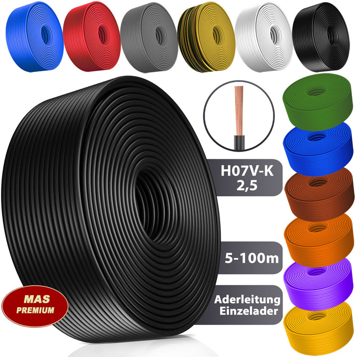 H07 V-K 2,5 mm² OR; GR; WS; VIO, GE oder GN Aderleitung - 5 bis 100 m