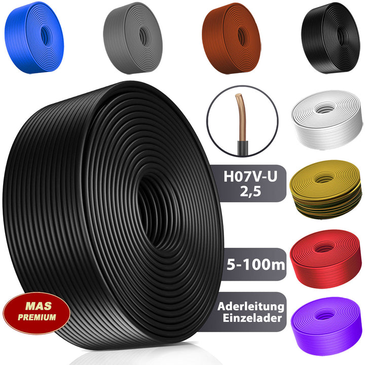 H07 V-U 2,5 mm² SW GNGE HBL BR VIO RT WS oder GR Aderleitung Eindrähtig Einzelader starr - 5 bis 100 m