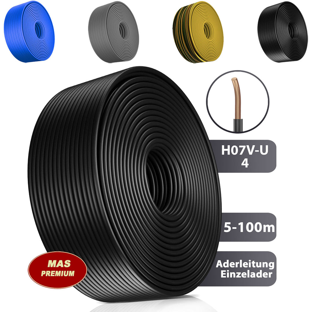 H07 V-U 4 mm² SW GNGE HBL oder GR Aderleitung Eindrähtig Einzelader starr - 5 bis 100 m