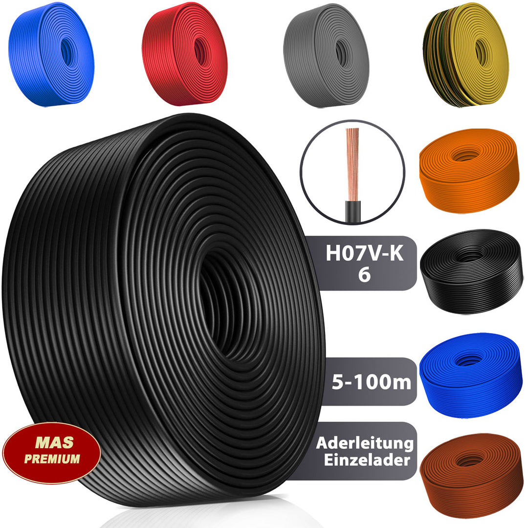 H07 V-K 6 mm² GNGE, RT, OR oder HBL Aderleitung - 5 bis 100 m