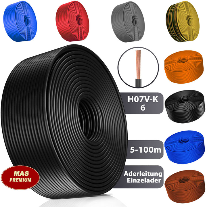 H07 V-K 6 mm² GNGE, RT, OR oder HBL Aderleitung - 5 bis 100 m