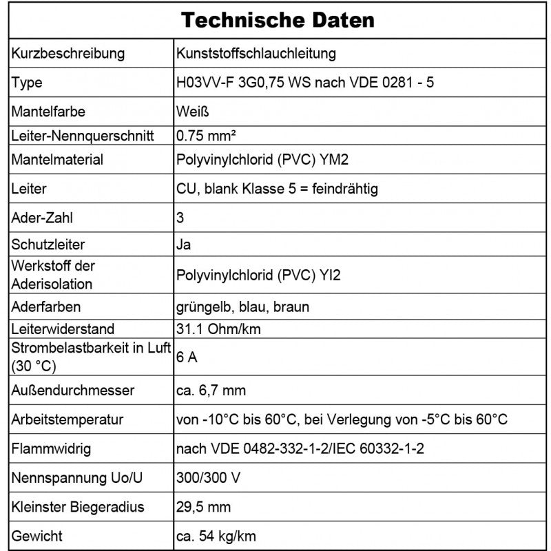 H03VV-F 3G 0,75 Schlauchleitung Weiß - 5 bis 100 m